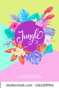 Tropical Hawaiian design with palm leaves and exotic flowers. Vector illustration.