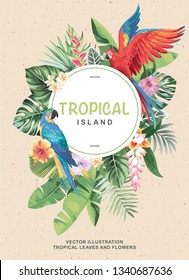 Tropical Hawaiian design with parrots, palm leaves and exotic flowers. Round frame. Vector illustration.