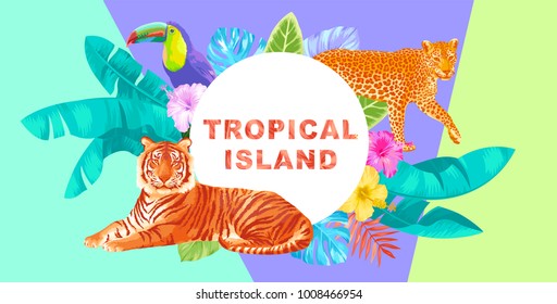 Tropical Hawaiian design. Round frame. Vector illustration.