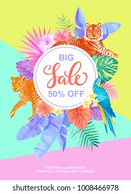 Tropical Hawaiian design. Sale. Round frame. Vector illustration.