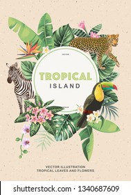 Tropical Hawaiian design with wild animals, birds, palm leaves and exotic flowers. Round frame. Vector illustration.