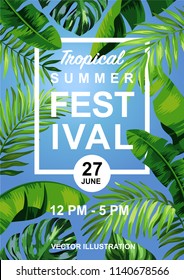 Tropical Hawaiian festival invitation with palm leaves on a blue background. Square frame. Vector illustration.