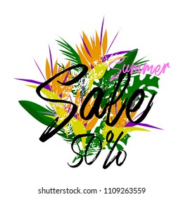 Tropical Hawaiian floral collage with palm leaves and exotic flowers. Sale clearance vector banner, poster, header, flyer