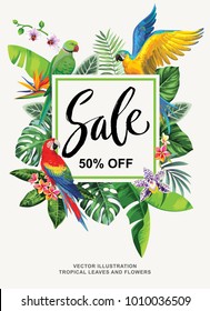 Tropical Hawaiian flyer with birds, palm leaves and exotic flowers. Square frame. Vector illustration.