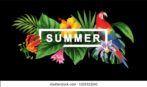 Tropical Hawaiian flyer with birds, palm leaves and exotic flowers. Square frame. Vector illustration.