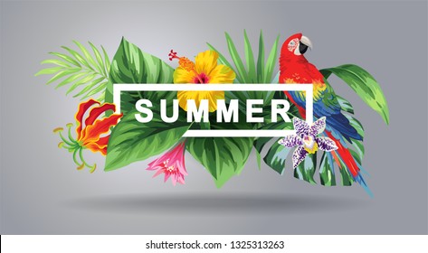 Tropical Hawaiian flyer with birds, palm leaves and exotic flowers. Square frame. Vector illustration.