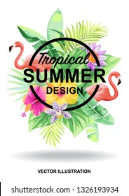 Tropical Hawaiian flyer with birds, palm leaves and exotic flowers. Vector illustration.