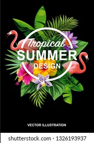 Tropical Hawaiian flyer with birds, palm leaves and exotic flowers. Vector illustration.