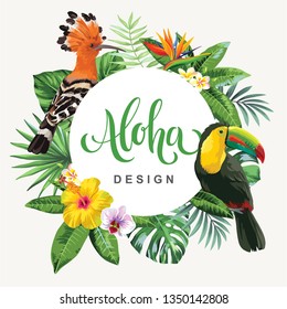 Tropical Hawaiian flyer with birds, palm leaves and exotic flowers on a white background. Template design. Round frame. Vector illustration.