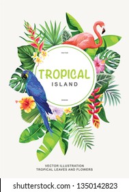 Tropical Hawaiian flyer with birds, palm leaves and exotic flowers on a white background. Template design. Round frame. Vector illustration.