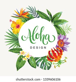 Tropical Hawaiian flyer with exotic flowers and palm leaves. Round frame. Template design. Vector illustration.