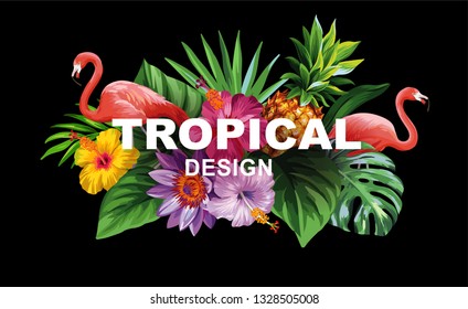 Tropical Hawaiian flyer with flamingos, palm leaves and exotic flowers. Vector illustration.