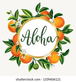 Tropical Hawaiian flyer with oranges. Round frame. Template design. Vector illustration.