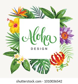 Tropical Hawaiian Flyer With Palm Leaves And Exotic Flowers. Square Frame. Vector Illustration.