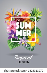 Tropical Hawaiian flyer with palm leaves, fruits and exotic flowers on a grey background. Square frame. Vector illustration.