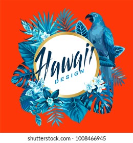 Tropical Hawaiian flyer with parrot, palm leaves and exotic flowers. Round frame. Vector illustration.