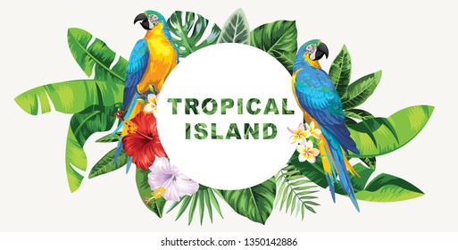 Tropical Hawaiian flyer with parrots, palm leaves and exotic flowers on a white background. Template design. Round frame. Vector illustration.