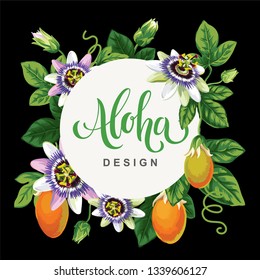 Tropical Hawaiian flyer with passionflowers on a black background. Round frame. Template design. Vector illustration.
