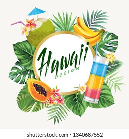 Tropical Hawaiian flyer with summer cocktails, fruits, palm leaves and exotic flowers. Round frame. Vector illustration.