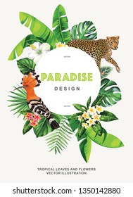 Tropical Hawaiian flyer with wild animals, birds, palm leaves and exotic flowers on a white background. Template design. Round frame. Vector illustration.