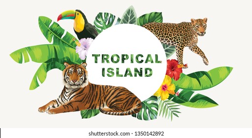 Tropical Hawaiian flyer with wild animals, birds, palm leaves and exotic flowers on a white background. Template design. Round frame. Vector illustration.