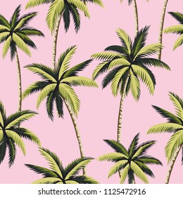 Tropical Hawaiian green palm trees floral seamless pattern pink background. Exotic jungle wallpaper.