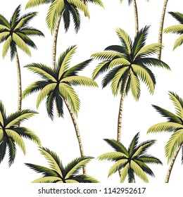 Tropical Hawaiian green palm trees floral seamless pattern white background. Exotic jungle wallpaper.