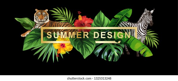 Tropical Hawaiian horizontal flyer with wild animals, palm leaves and exotic flowers on a black background. Square frame. Vector illustration.