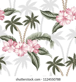 Tropical Hawaiian palm trees vintage pink hibiscus flower green palm leaves floral seamless pattern white background. Exotic jungle wallpaper.