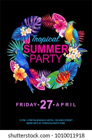 Tropical Hawaiian party invitation with birds, palm leaves and exotic flowers on a black background. Round frame. Vector illustration.