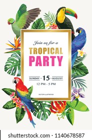 Tropical Hawaiian party invitation with birds, palm leaves and exotic flowers on a black background. Square frame. Vector illustration.