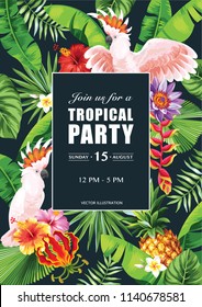 Tropical Hawaiian party invitation with cockatoo, palm leaves and exotic flowers on a black background. Square frame. Vector illustration.