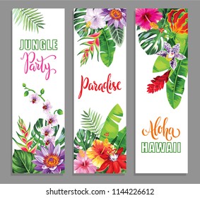 Tropical Hawaiian party invitation with exotic flowers and leaves. Vector illustration.