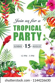 Tropical Hawaiian party invitation with exotic flowers and leaves. Vector illustration.