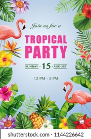 Tropical Hawaiian party invitation with exotic flowers and leaves. Vector illustration.