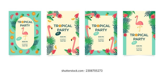 Tropical Hawaiian party invitation with exotic flowers and leaves. Vector illustration.