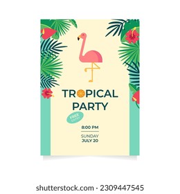 Tropical Hawaiian party invitation with flamingos, oranges, palm leaves and exotic flowers. Template design. Vector illustration.