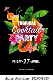 Tropical Hawaiian party invitation with fruits, cocktails, palm leaves and exotic flowers. Vector illustration.