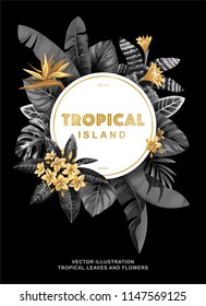 Tropical Hawaiian party invitation on a black background. Vector illustration.