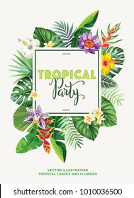 Tropical Hawaiian party invitation with palm leaves and exotic flowers. Square frame. Vector illustration.