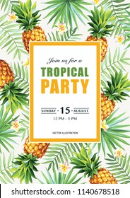 Tropical Hawaiian party invitation with palm leaves and pineapples on a white background. Square frame. Vector illustration.