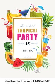 Tropical Hawaiian party invitation with palm leaves, fruits and cocktails. Square frame. Vector illustration.