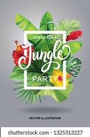 Tropical Hawaiian party invitation with palm leaves and exotic flowers. Square frame. Vector illustration.