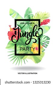 Tropical Hawaiian party invitation with palm leaves and exotic flowers. Square frame. Vector illustration.