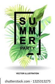 Tropical Hawaiian party invitation with palm leaves. Square frame. Vector illustration.