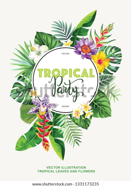 ヤシの葉とエキゾチックな花を持つ熱帯ハワイのパーティーの招待状 丸枠 ベクターイラスト のベクター画像素材 ロイヤリティフリー
