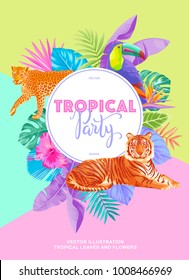 Tropical Hawaiian party invitation. Round frame. Vector illustration.