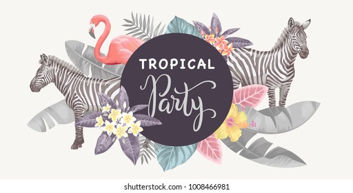 Tropical Hawaiian party invitation. Round frame. Vector illustration.