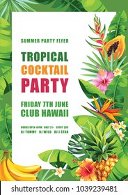 Tropical Hawaiian party invitation. Square frame. Vector illustration.