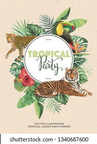 Tropical Hawaiian party invitation with wild animals, birds, palm leaves and exotic flowers. Round frame. Vector illustration.